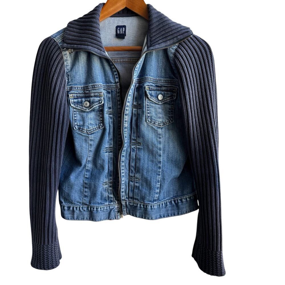 Vintage GAP Jean Jacket Womens M Blue Knit Sweater Sleeves Y2K Bohemian Grunge - Picture 9 of 12
